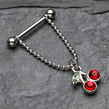 Detail View 1 of A Pair of Cherry Dangle Nipple Barbell Ring-Red